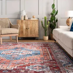 Orange Faded Medallion Washable Area Rug, 5x8
