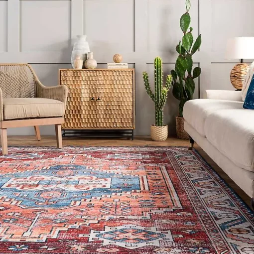 Orange Faded Medallion Washable Area Rug, 5x8