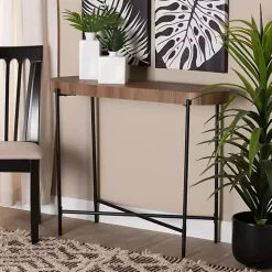 Oval Light Brown Wood X Base Console Table