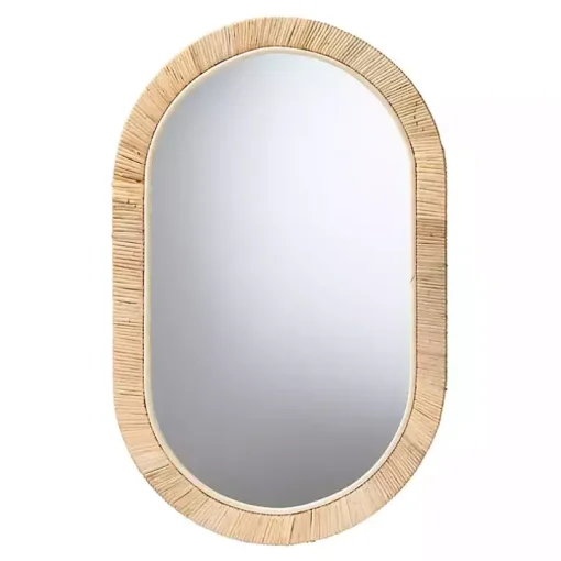 Oval Mahogany and Rattan Wall Mirror