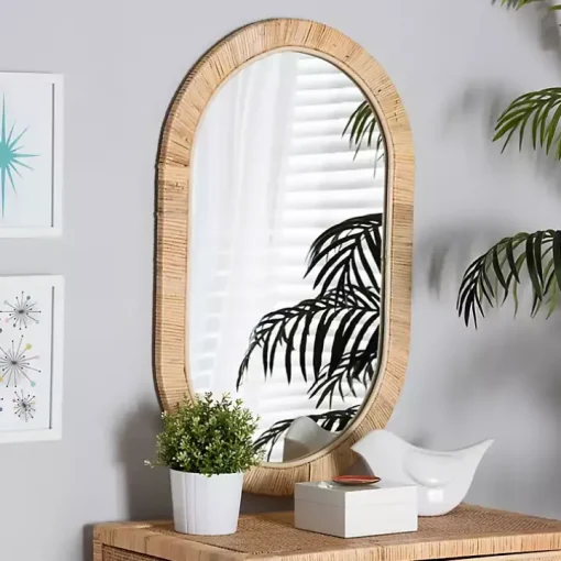 Oval Mahogany and Rattan Wall Mirror