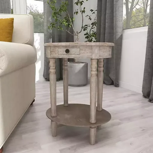 Oval Whitewashed Pine Wood Side Table