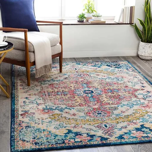 Pink and Blue Traditional Medallion Area Rug, 8x12