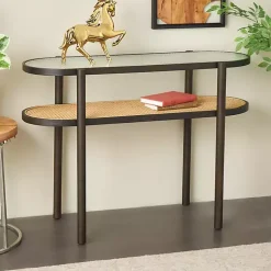 Rattan and Glass 2-Tier Console Table