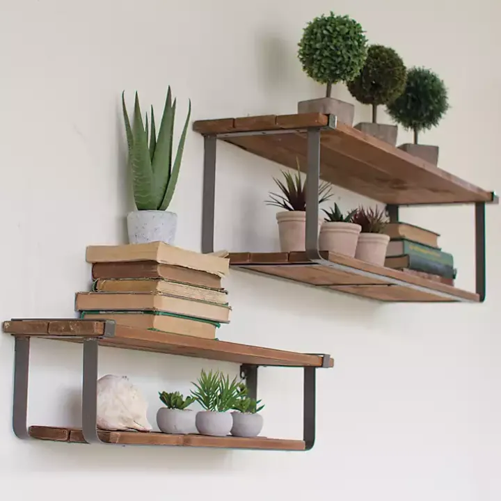 Recycled Wood and Metal Shelves, Set of 2