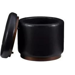 Round Black Faux Leather Storage Ottoman