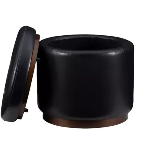 Round Black Faux Leather Storage Ottoman