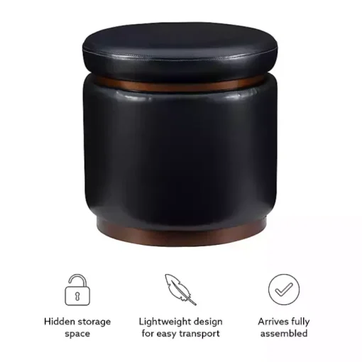 Round Black Faux Leather Storage Ottoman