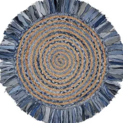 Round Braided Jute and Denim Swirl Area Rug, 3x3