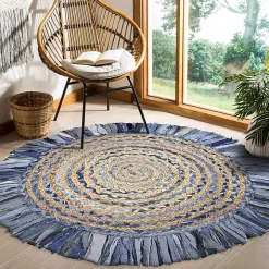 Round Braided Jute and Denim Swirl Area Rug, 3x3