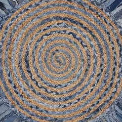 Round Braided Jute and Denim Swirl Area Rug, 3x3