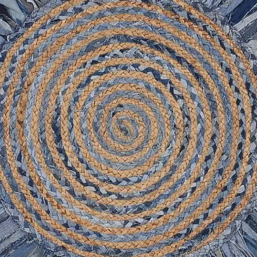 Round Braided Jute and Denim Swirl Area Rug, 3x3