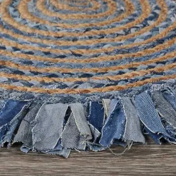 Round Braided Jute and Denim Swirl Area Rug, 3x3