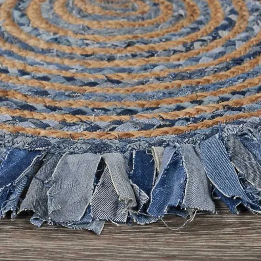 Round Braided Jute and Denim Swirl Area Rug, 3x3