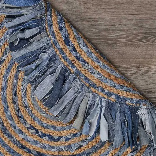 Round Braided Jute and Denim Swirl Area Rug, 3x3