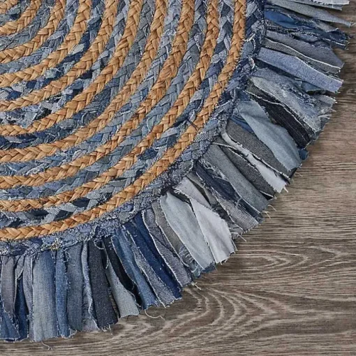 Round Braided Jute and Denim Swirl Area Rug, 3x3