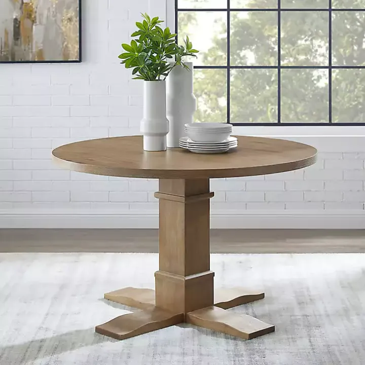 Round Brown Wood Pedestal Base Dining Table