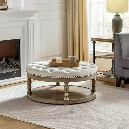 Round Ivory Cepheus Tufted Ottoman
