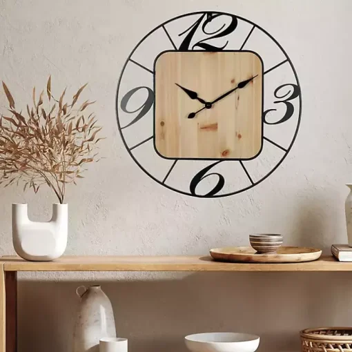Round Metal & Square Wood Wall Clock