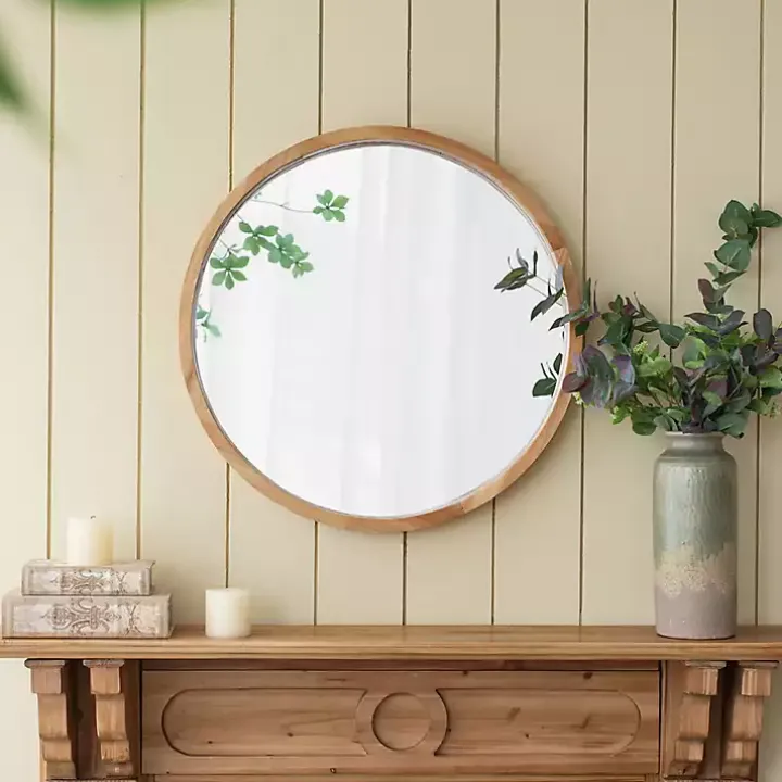 Round Natural Light Wood Wall Mirror
