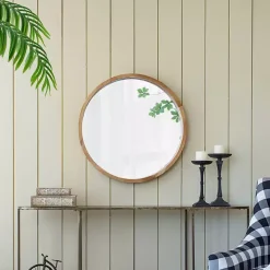 Round Natural Light Wood Wall Mirror