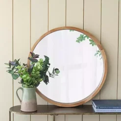 Round Natural Light Wood Wall Mirror