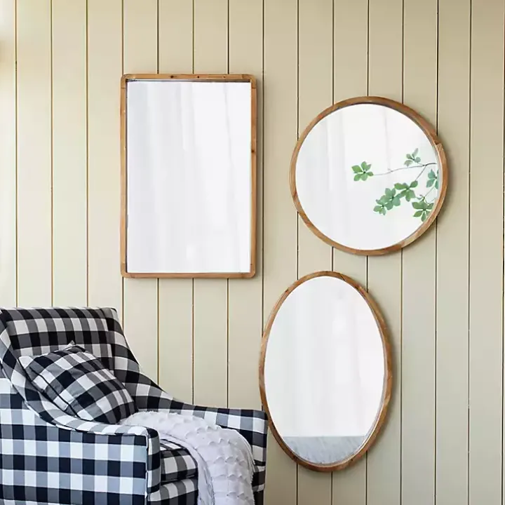 Round Natural Light Wood Wall Mirror