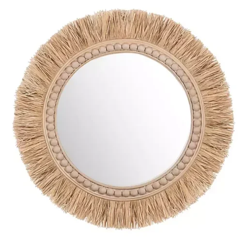 Round Natural Rattan Beaded Wall Mirror