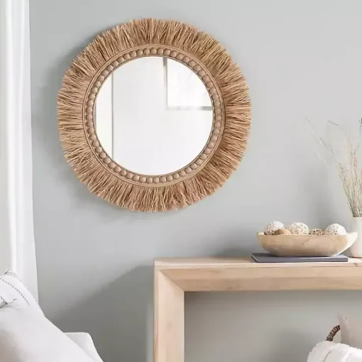 Round Natural Rattan Beaded Wall Mirror