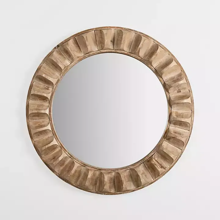 Round Natural Textured Wood Wall Mirror