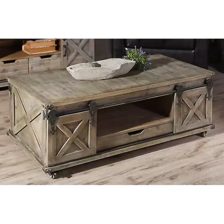 Rustic Gray Wood Rolling Barn Door Coffee Table