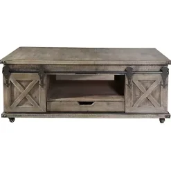 Rustic Gray Wood Rolling Barn Door Coffee Table