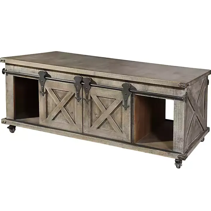 Rustic Gray Wood Rolling Barn Door Coffee Table