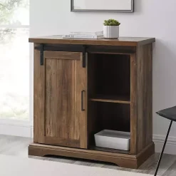 Rustic Oak Grooved Sliding Barn Door Cabinet