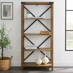 Rustic Oak Metal X Frame Back Bookshelf