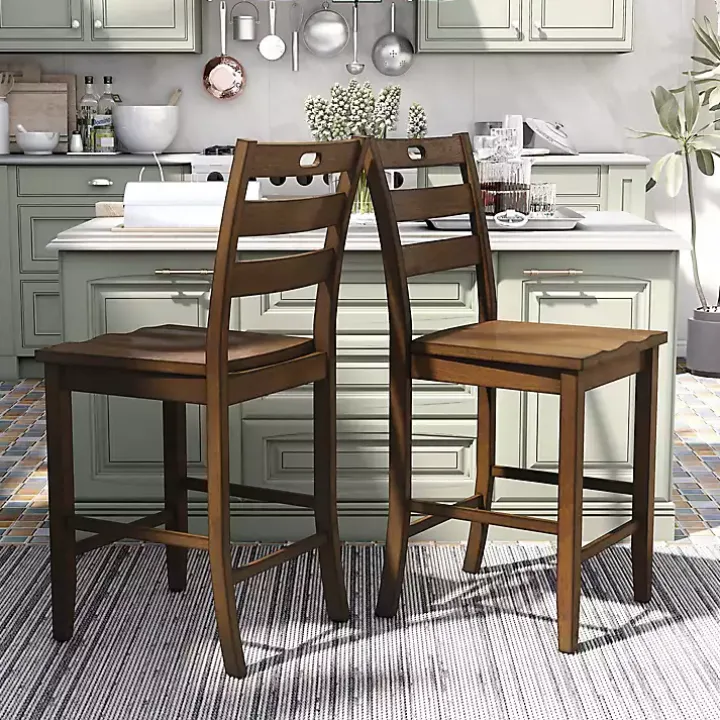 Rustic Oak Wood Quinby Counter Stools, Set of 2