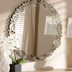 Silver Petal Leaf Round Wood Frame Wall Mirror