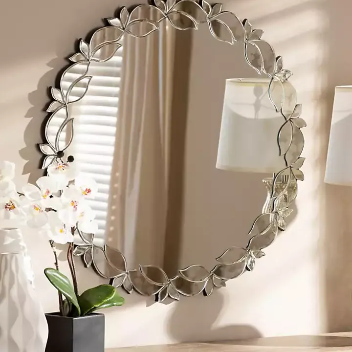 Silver Petal Leaf Round Wood Frame Wall Mirror