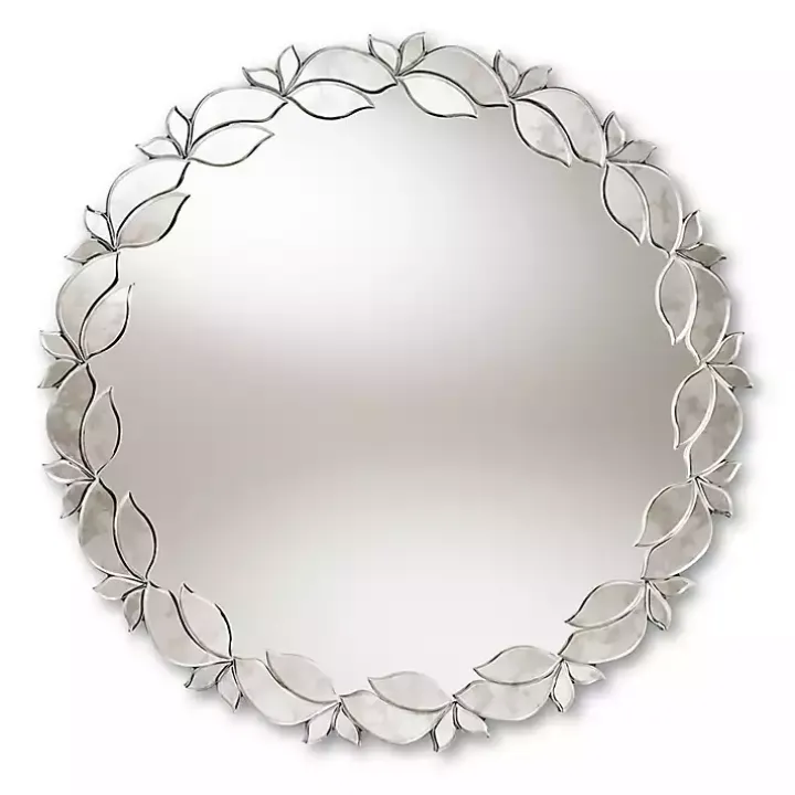 Silver Petal Leaf Round Wood Frame Wall Mirror