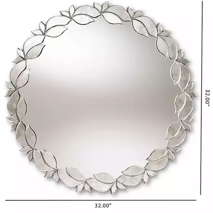 Silver Petal Leaf Round Wood Frame Wall Mirror