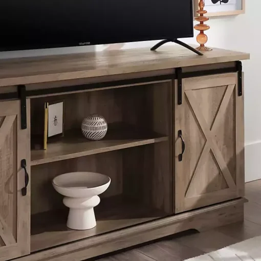 Sliding Barn Door Open Shelf Gray Wash TV Stand