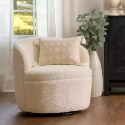 Small Round Cream Boucle Swivel Accent Chair