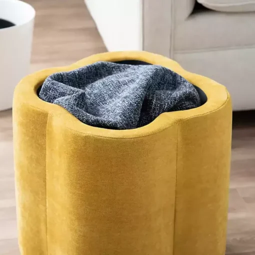 Spice Yellow Chenille Flower Storage Ottoman