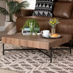 Square Light Brown Wood X Base Coffee Table