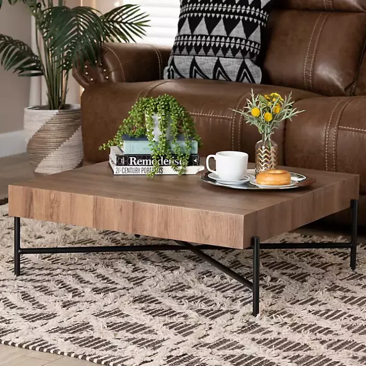 Square Light Brown Wood X Base Coffee Table