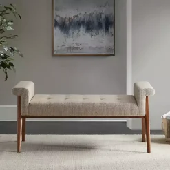 Tan Button Tufted Wood Bench