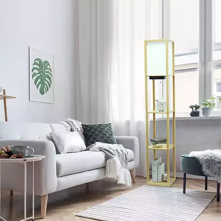 Tan Etagere Shelf Charging Floor Lamp