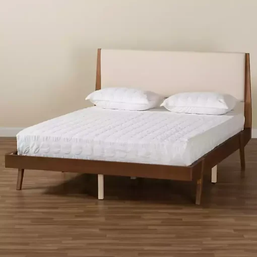 Tan Upholstered Brown Wood Full Platform Bed