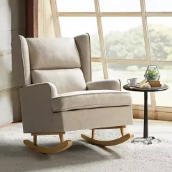 Taupe Upholstered Natural Base Wingback Rocker