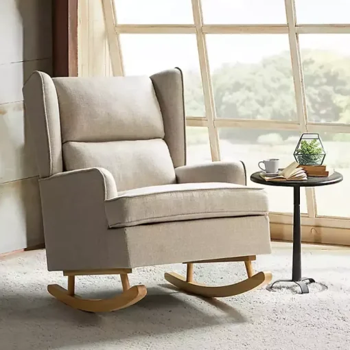 Taupe Upholstered Natural Base Wingback Rocker